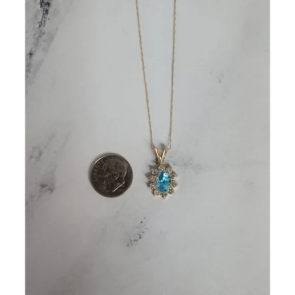 Oval Blue Topaz Diamond Halo Necklace 1.75cttw 14k Yellow Gold